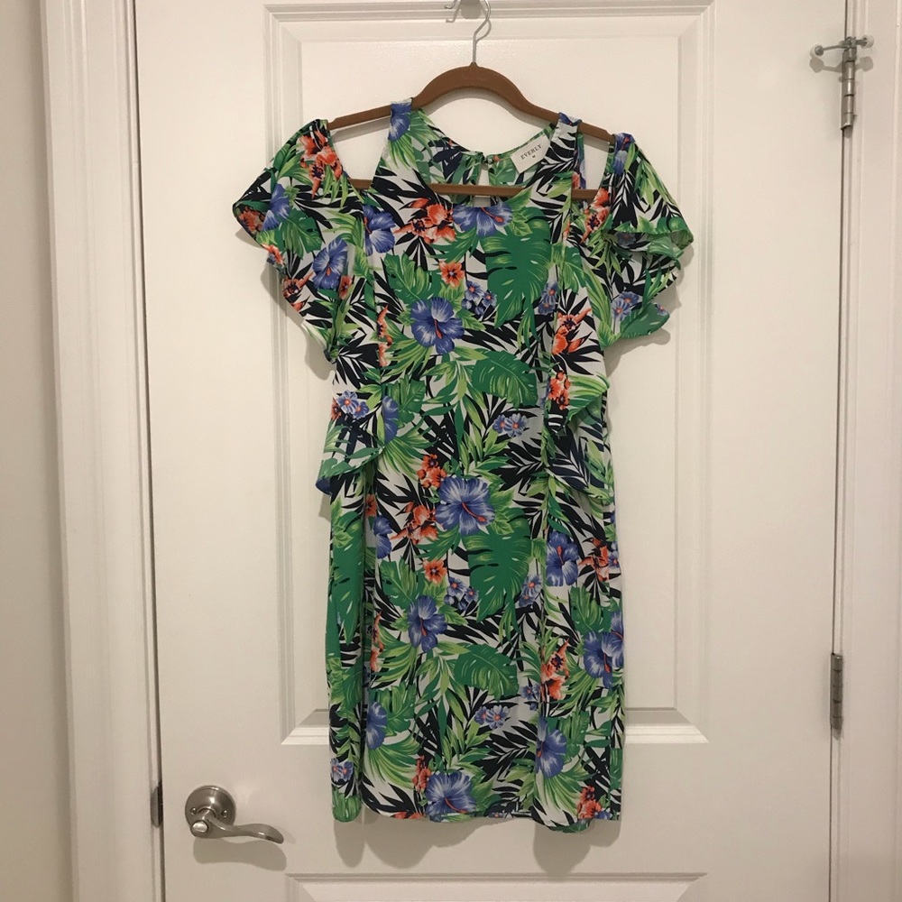 Tropical print mini dress with cutout shoulders.